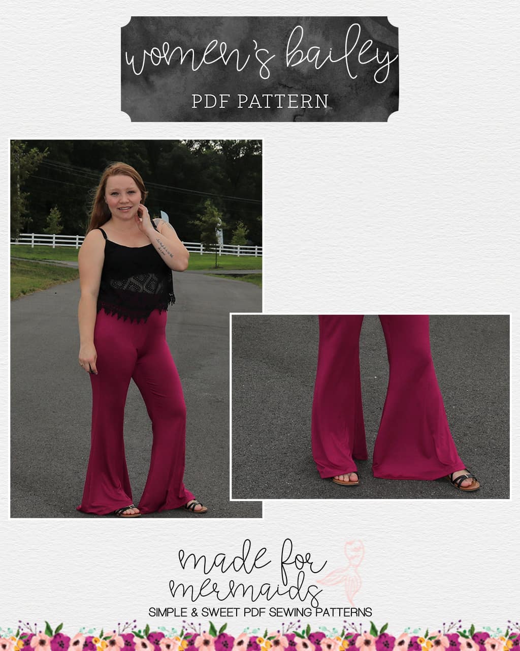 Bell Bottom Pants PDF Sewing Pattern High Waisted Wome